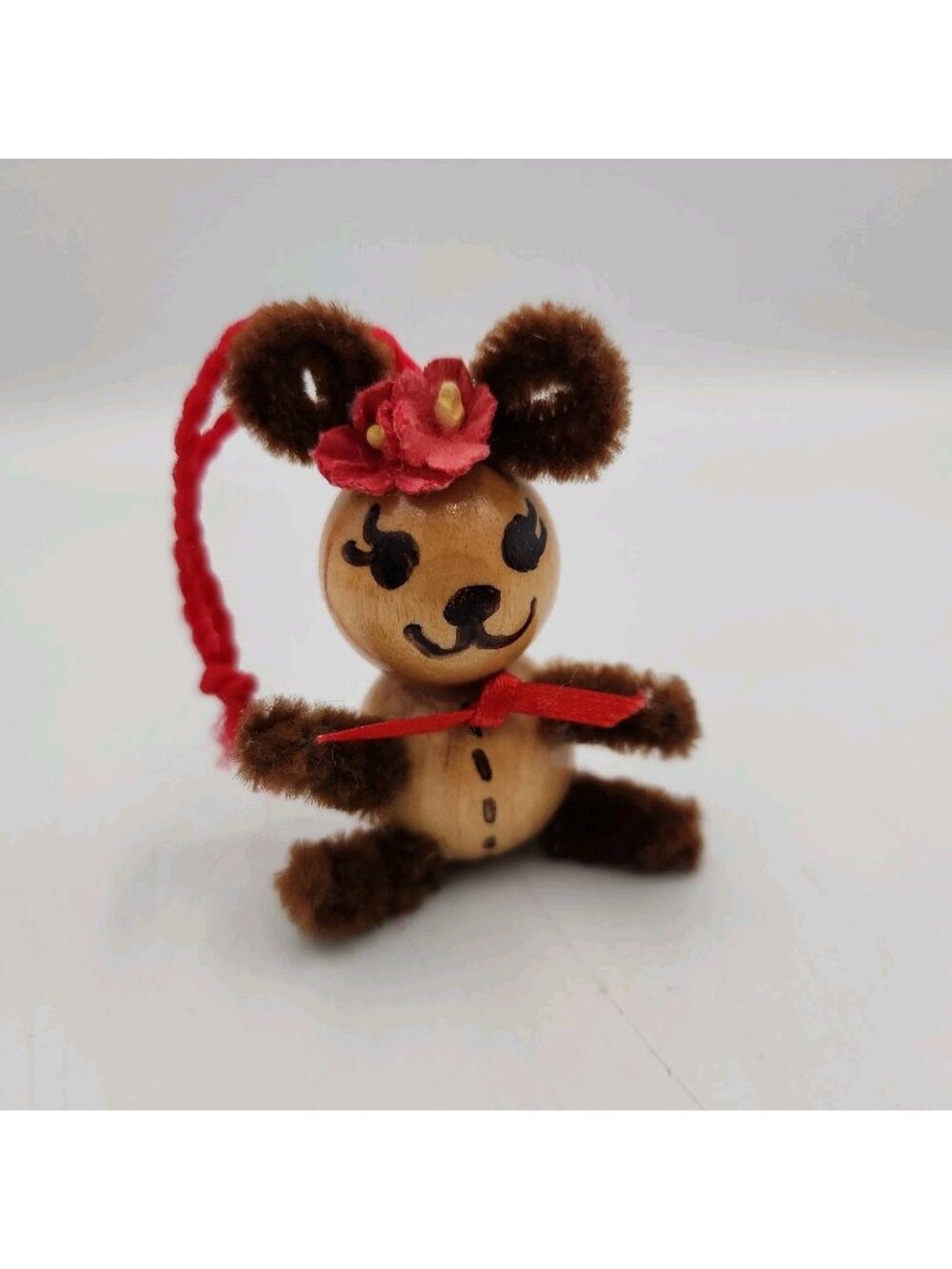 Vintage 1980s Wooden Teddy Bear Christmas Ornament Flexible Arms Legs Decor